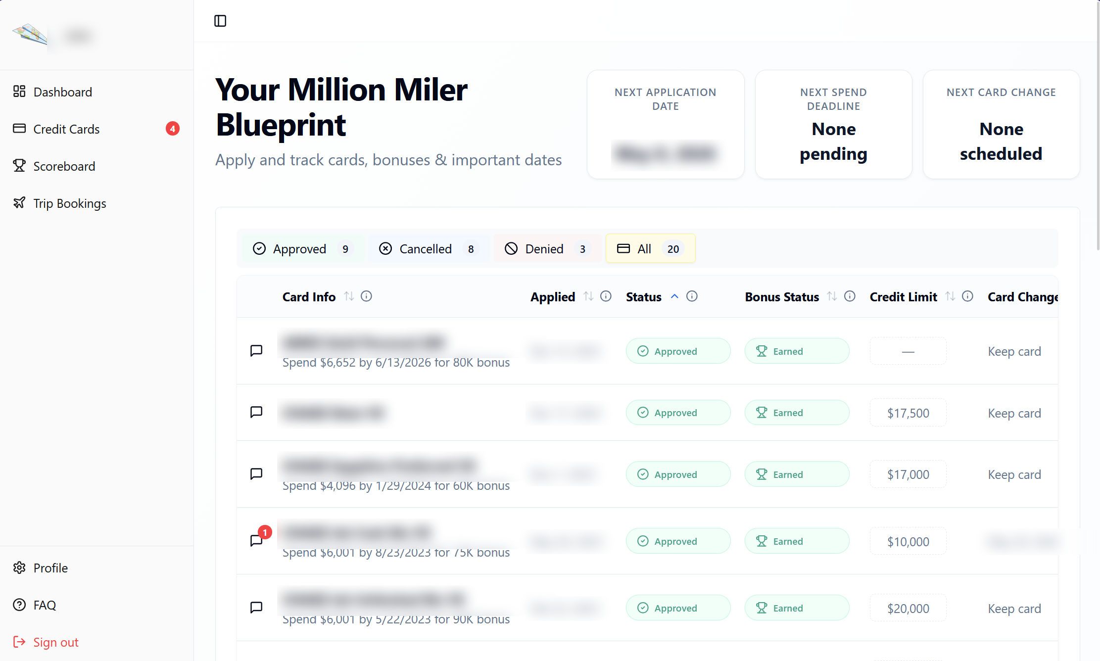 MileMethod client portal — card application blueprint (card names and dates anonymized)